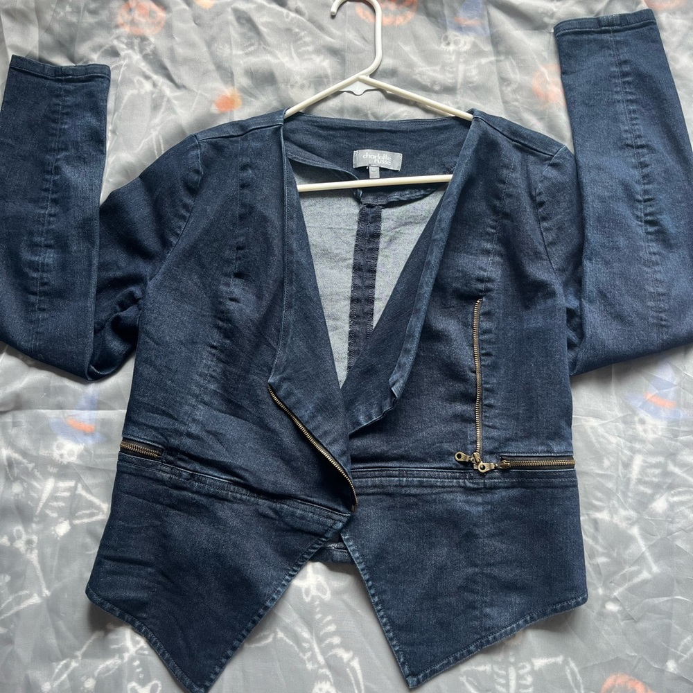 Dark Blue Denim Jacket with Zipper Details